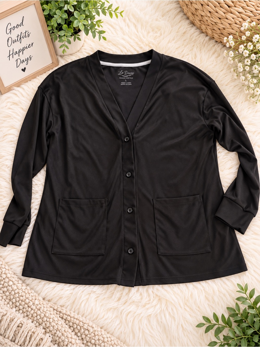 Black Button-Front Lounge Cardigan with Pockets